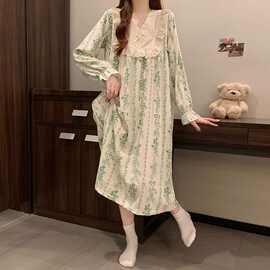 法式碎花长袖睡裙女秋季梭织云朵棉宫廷风甜美蕾丝少女家居服长裙