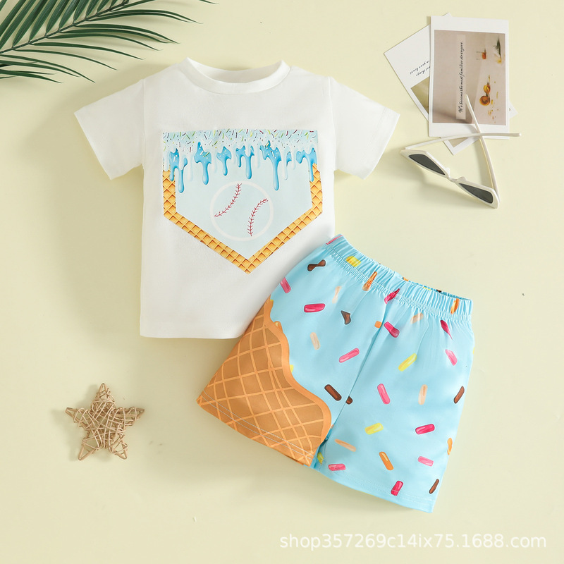 2-Piece Baby Boy Casual Floral Round Neck Short-Sleeved T-Shirt Top and Printed Shorts Set Suitable for Summer Wear