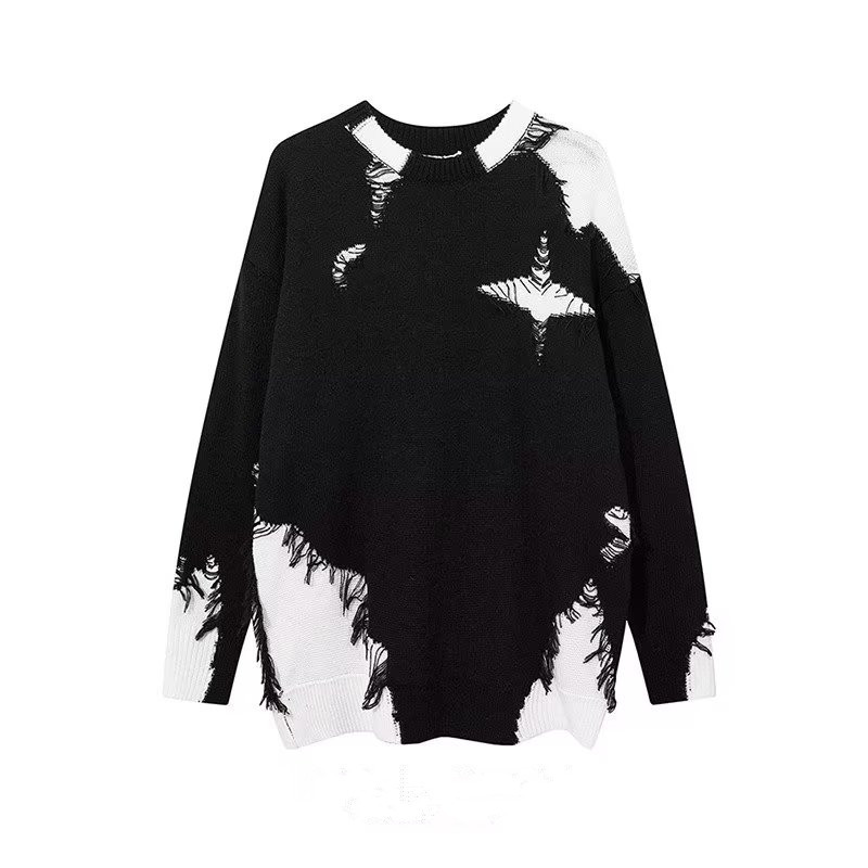 Men's Distressed Knit Sweater With Fringe & Patchwork Design - Oversized Unisex Pullover, Trendy High Street Style For Fall & Winter_voghion.com