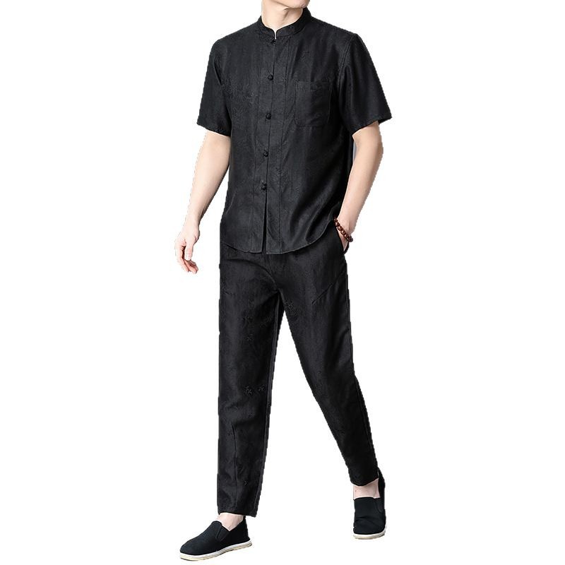 Bộ đồ nam tay ngắn lụa tơ tằm 100% dâu tằm, phong cách Trung Hoa, hai chiếc — màu đen 1451803