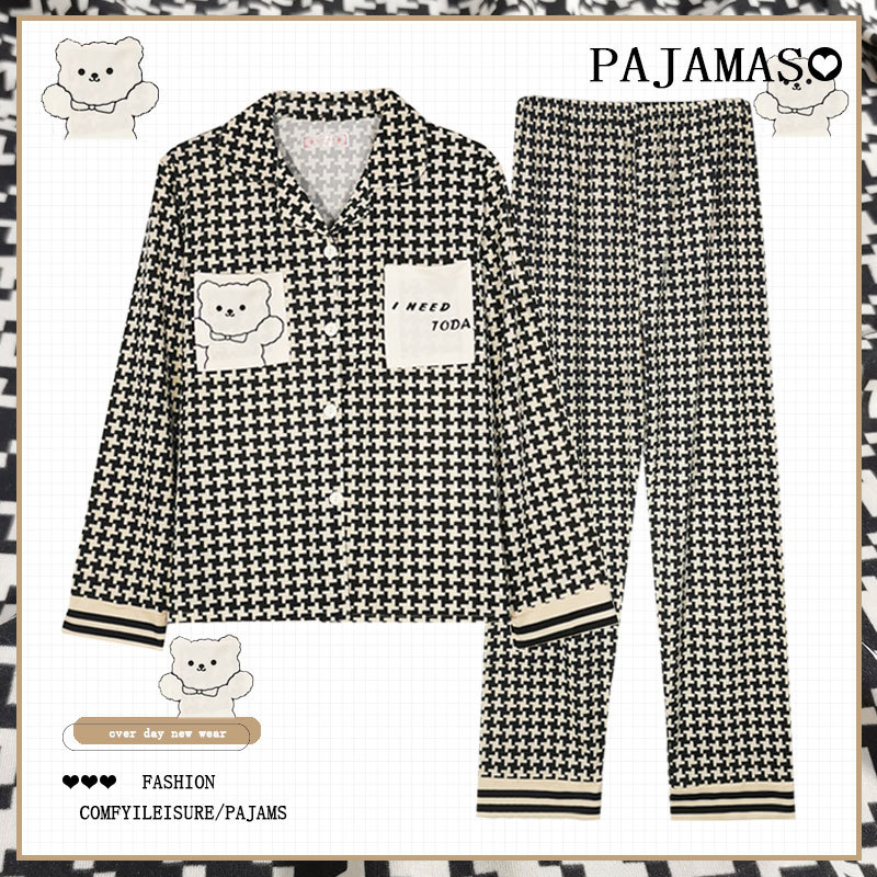 Pijamas a cuadros de algodón para mujer primavera y otoño 2025 nuevo estilo lindo traje de servicio a domicilio de manga larga de perro de pudín estilo ins