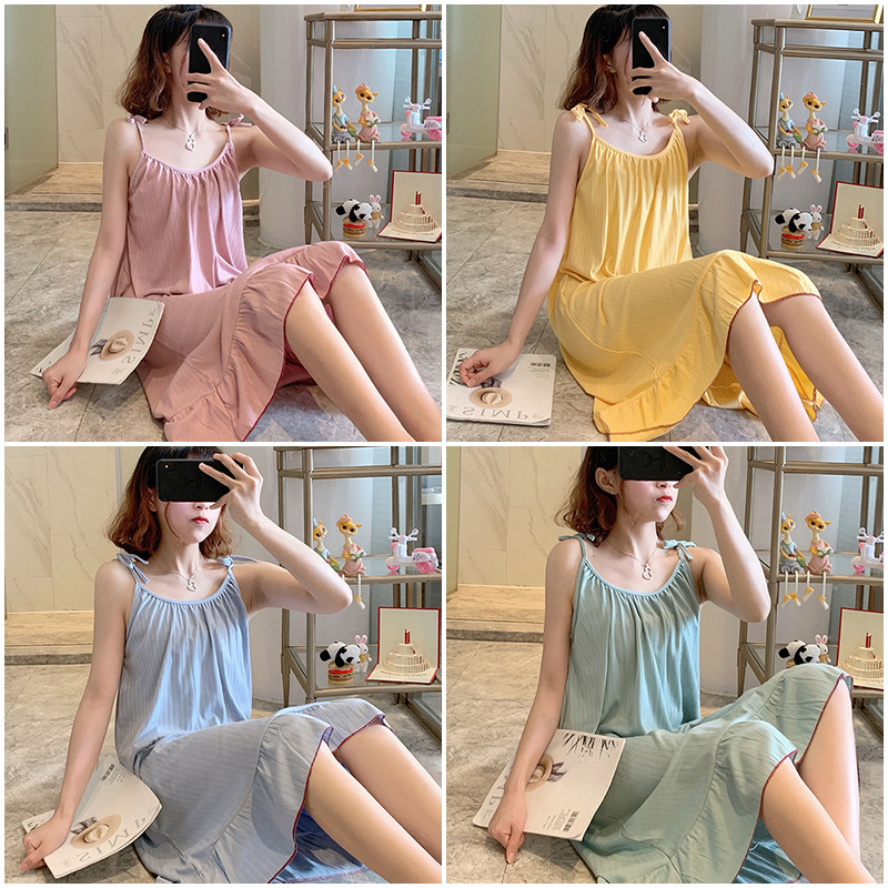 Amazon Solid Color Soft Nightgown Women's Summer Thin Milk Silk Sling Sleeveless Midi plus size Home Clothes
