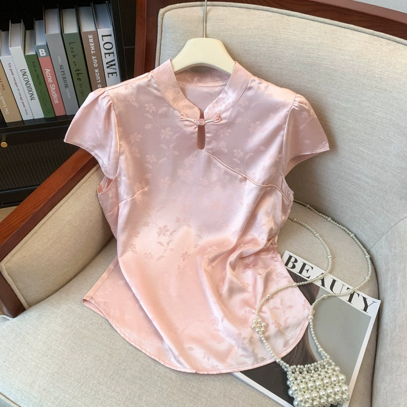 Летняя легкая роскошная шелковая блузка в китайском стиле для женщин с воротником-стойкой на пуговицах, новая женская рубашка из жаккардового шелка шелковицы в китайском стиле.