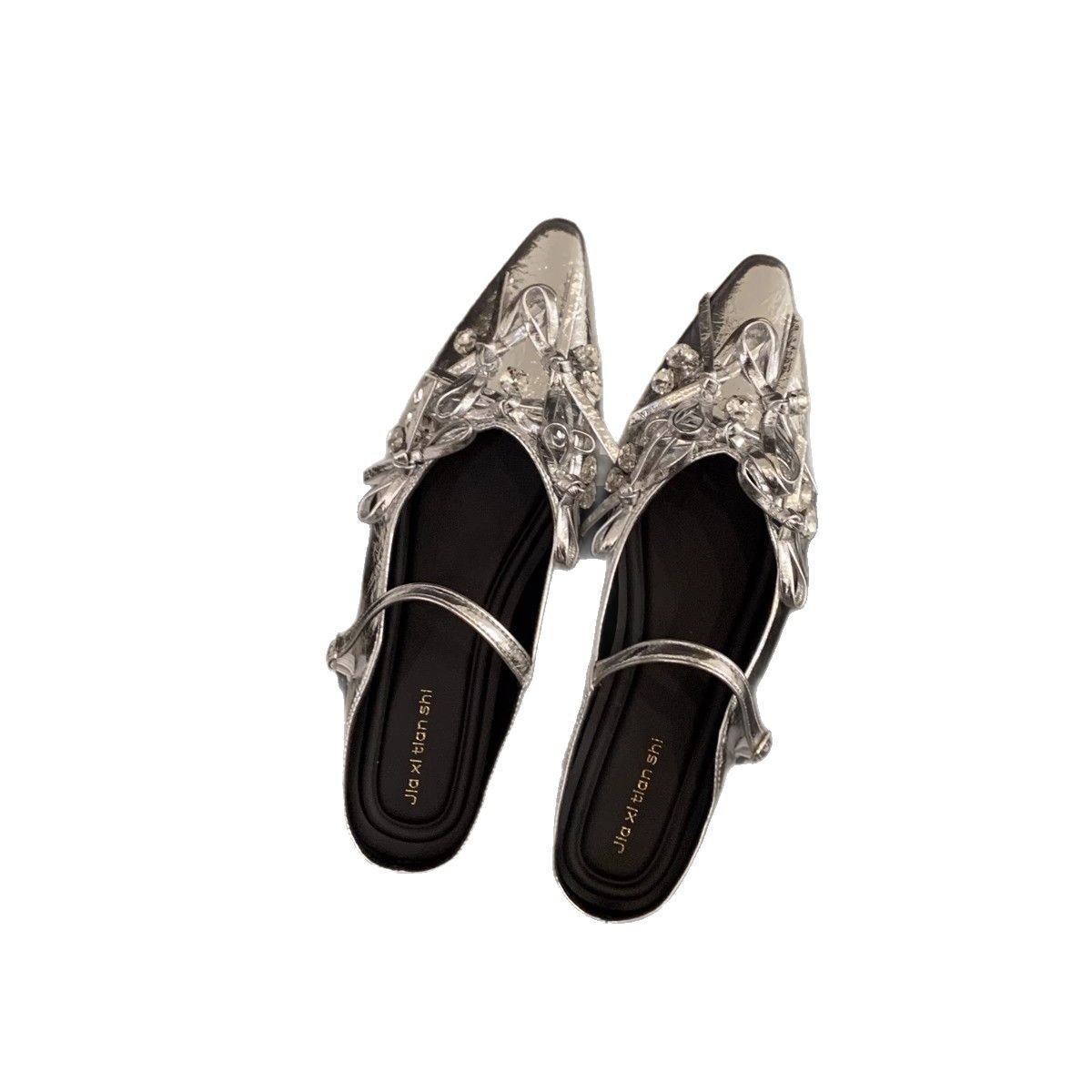 Media pantuflas de puntera plateada interior, zapatos de mujer, desgaste exterior 2025 nuevos zapatos de lazo Mary Jane de primavera y verano