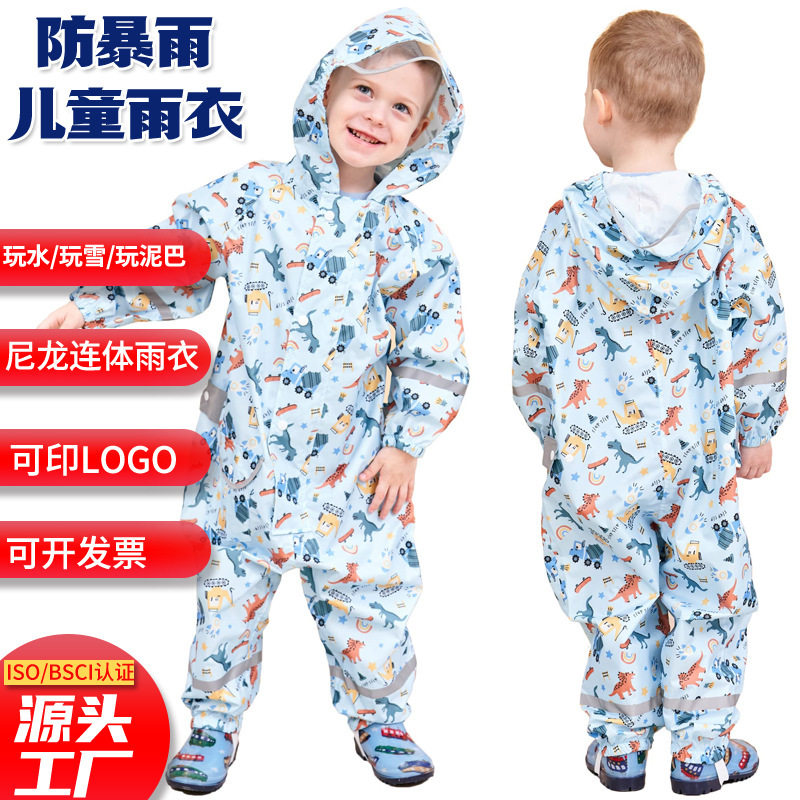 Kids Toddler Raincoat Boys Girls One Piece Hoodie Zipper Cartoon Waterproof Overalls Rain Jacket