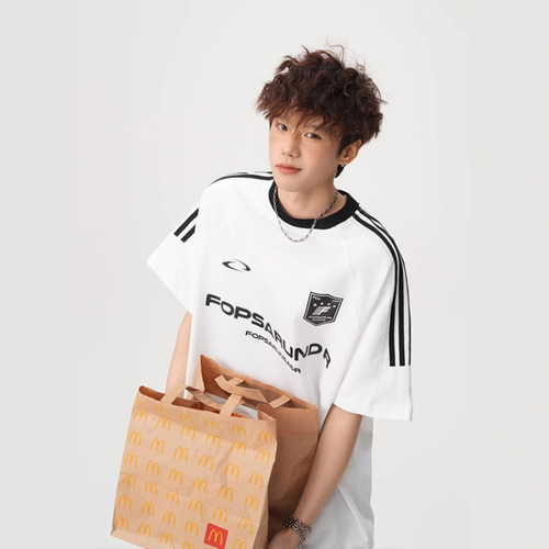 American street three-bar short-sleeve men's and women's 2025 summer loose round neck T-shirts for teenagers heavy-duty sports tees