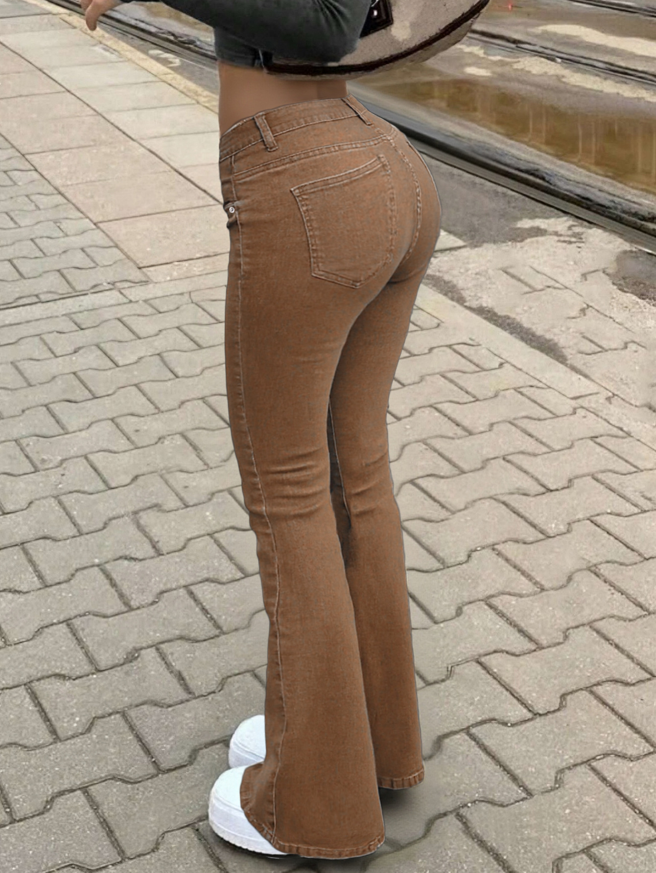 Women's Clothing Brown Flared Denim Jeans For Women, Autumn Slim Fit, Low Waist, Retro Casual Trousers_ecoleips.com