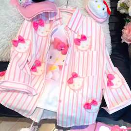 女童条纹衬衫春秋款2025新款中大童时髦卡通猫咪蝴蝶结长袖外套潮