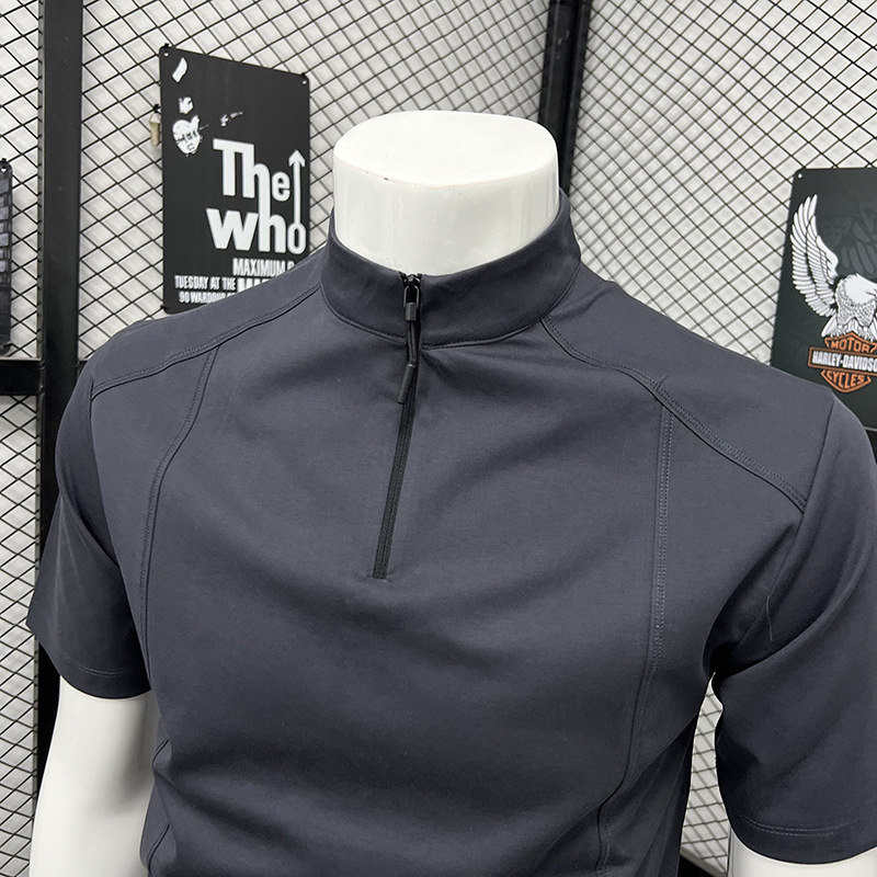 Men's Summer Sports T-Shirt Style High Neck Zipper Short Sleeve Fashionable Trendy Loose Top_viptrois.com