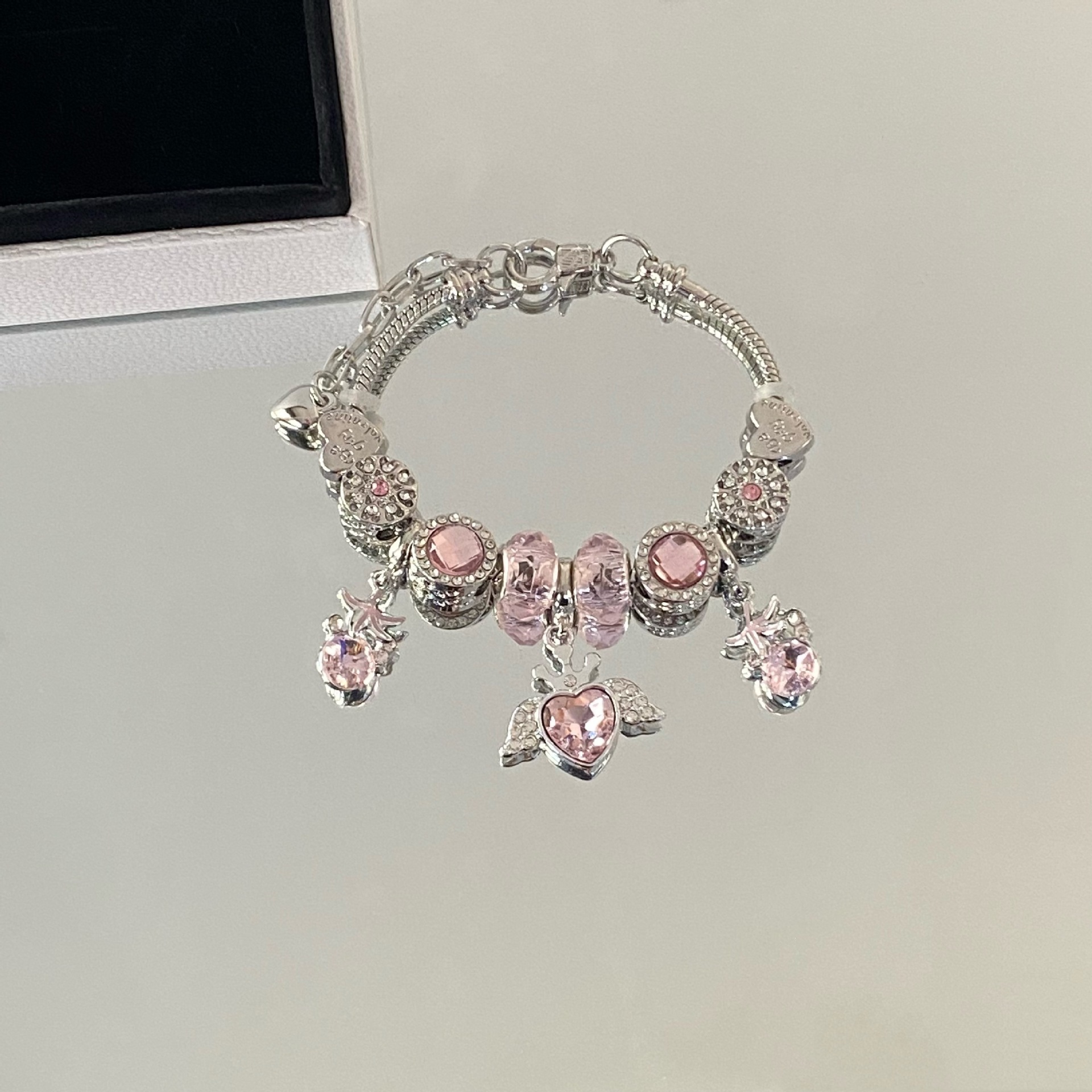Pink Amethyst Heart Wings Beaded Bracelet With Diamond Detailing_voghion.com