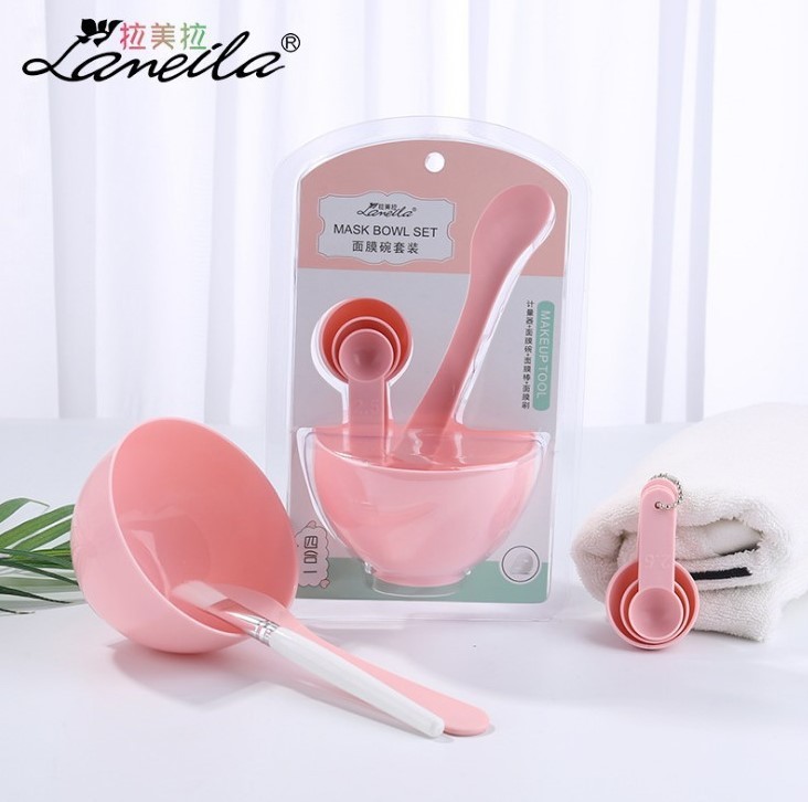 Juego de seis piezas de herramientas para mascarillas faciales Lamela: tazón, aplicador, brocha, cuchara para mascarillas, modelo 9064, mismo modelo que en salones de belleza.