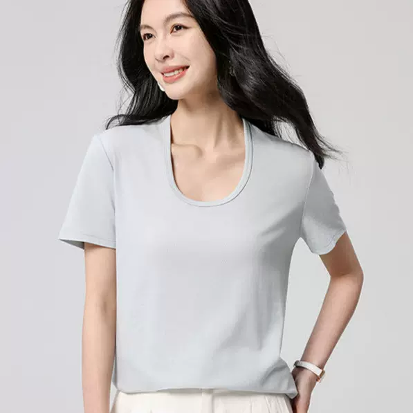 2025天丝凉感短袖t恤女夏季休闲内搭打底时尚上衣纯色U领T恤百搭