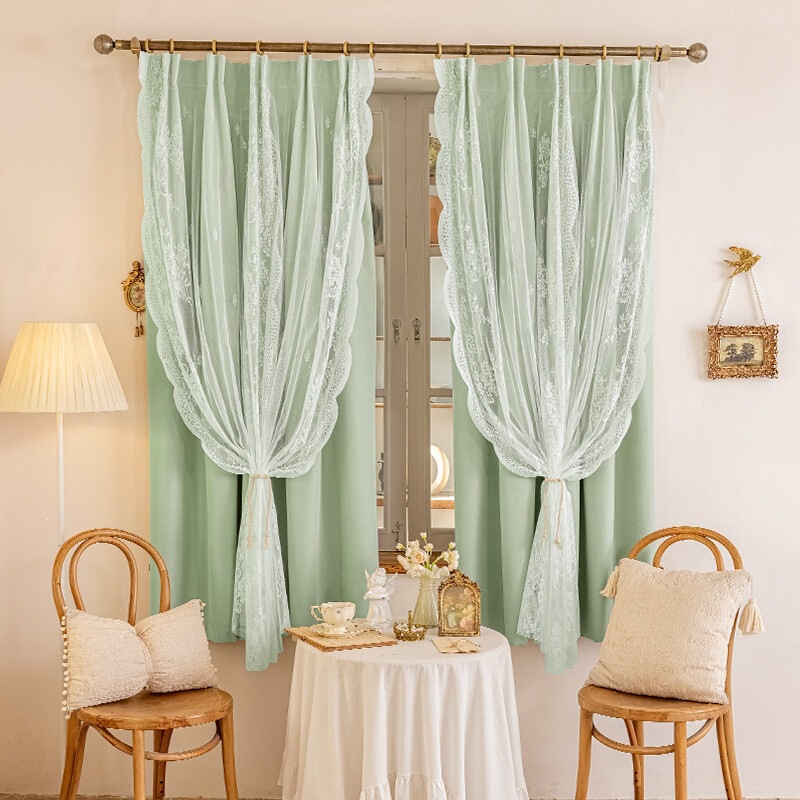 Full blackout curtains for bedroom sun protection, hook-type installation, lace double-layer fabric, romantic and girlish short curtains Full blackout curtains for bedroom sun protection, hook-type installation, lace double-layer fabric, romantic and girlish short curtains