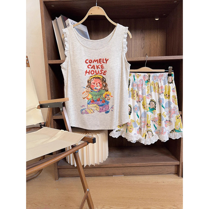 Ins-style oil painting girl cartoon pajamas for women, summer thin cartoon tank top with chest pads and shorts, suitable for home wear and can be worn outside Ins-style oil painting girl cartoon pajamas for women, summer thin cartoon tank top with chest pads and shorts, suitable for home wear and can be worn outside