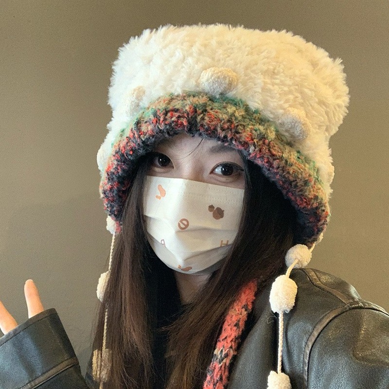 日系保暖小熊毛绒帽2025冬爆款可爱风加厚时尚显脸小套头针织帽子|undefined