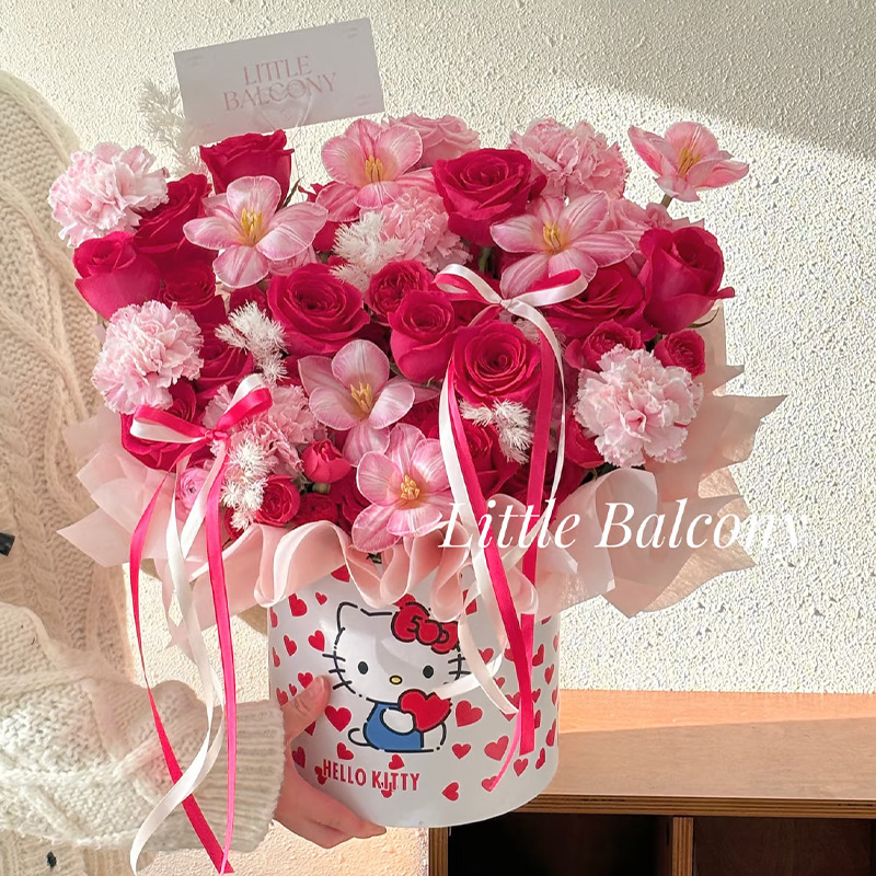 Ramo de flores para el Día del Niño, cesta de abrazos con lazo, caja de arreglo floral con gatito, ramo de cumpleaños para novia o mejor amiga. image 4