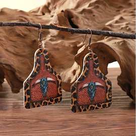亚马逊欧美复古酒瓶形豹纹拼接羊头皮耳环跨境独立站西部风耳饰