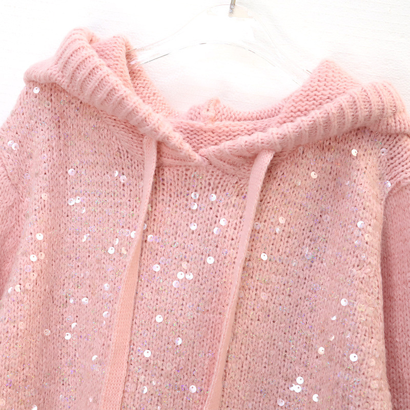 Women's Clothing light luxury sequined hooded sweater autumn and winter high end temperament versatile warm long sleeved knitted sweater women's trend_voghion.com