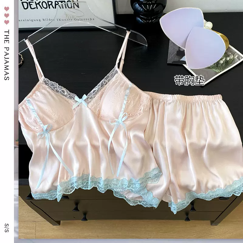 法式缎面丝绸纯欲风吊带睡衣女夏款凉感家居服套装带胸垫厂家批发