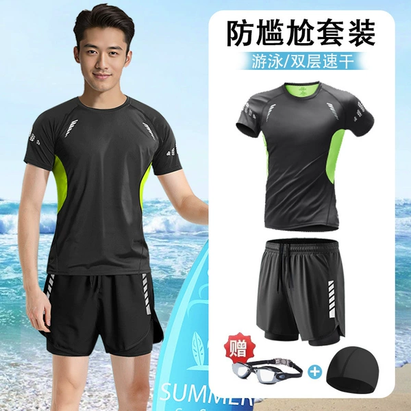 Black trousers, swimming cap, with short sleeve