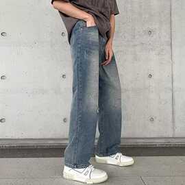 2023新款韩版宽松青少年男士复古阔腿裤直筒裤男牛仔裤男拖地裤男