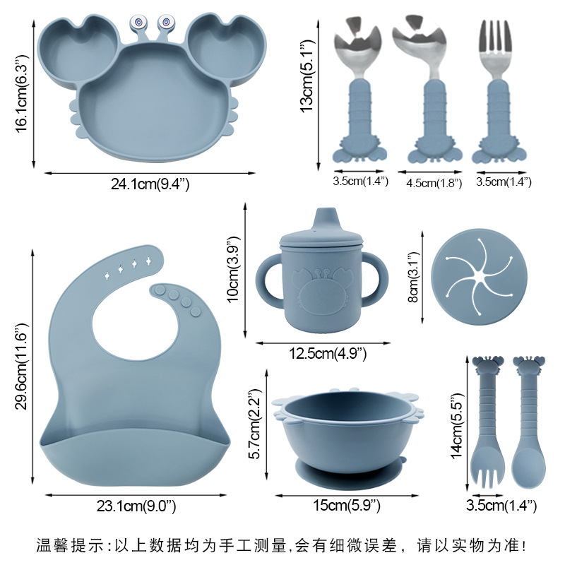 Bebé de grado alimenticio silicona cubierta set cangrejo plato set diez piezas bebés silicona anti-caída resistente al calor ventosa cucharas
