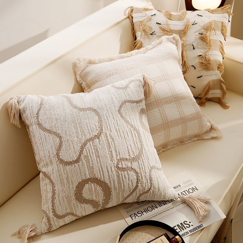 Funda de almohada de sofá de sala de estar de estilo ins de color crema, cama retro de lujo ligero, almohada de ventana salediza, funda de almohada de cabecera con núcleo