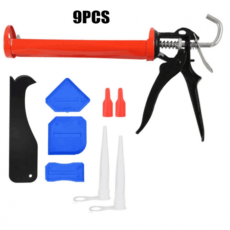 跨境供应9件套红色手动压胶枪美缝工具填缝涂抹喷嘴密封胶集中器