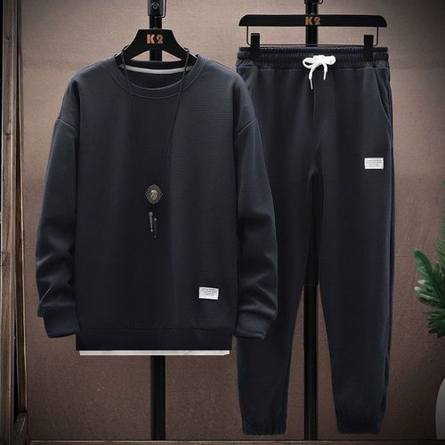 Cross-border wholesale 2024 new waffle print sweatshirt set for men autumn solid color long sleeve T-shirt and pants sports casual