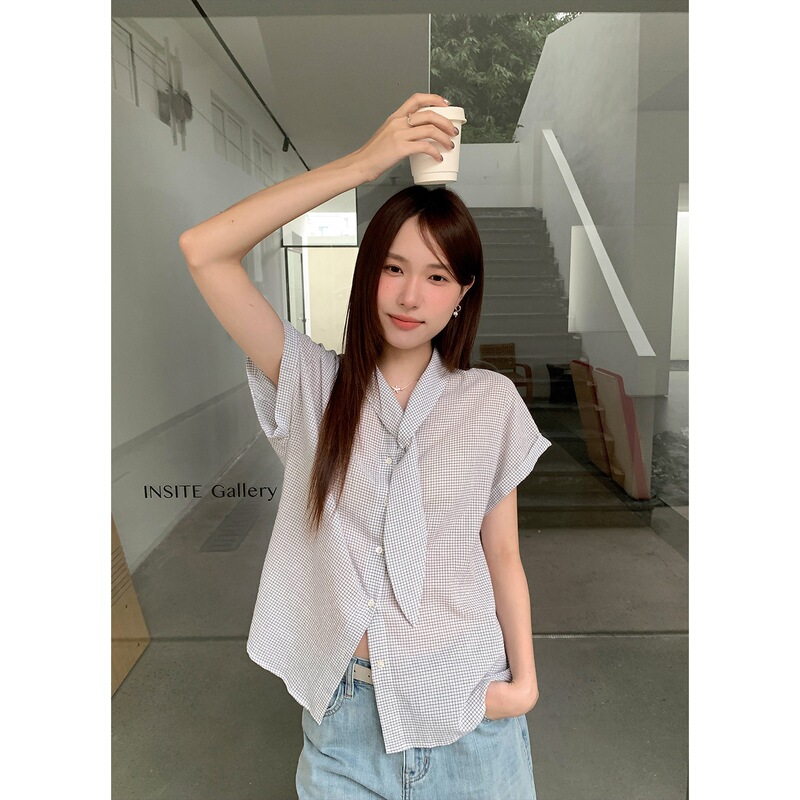 Jiu'Er Simple and Stylish [Small Tie] Korean-Style Plaid Relaxed Shirt for Women, Short-Sleeved, Summer Ye0162