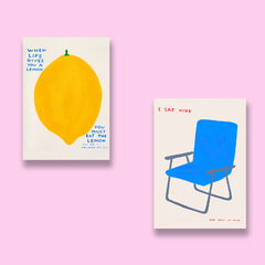 Lemon Yellow Cartoon and Blue Chair, Niche Minimalist Poster with Bright and Cute Healing Style Core Poster