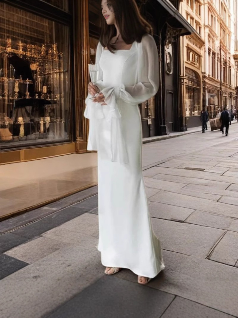 Robe en queue de poisson, nouveau Style français, col carré, maille épissée, légèrement translucide, manches cloche, taille amincissante, couleur unie, 2025