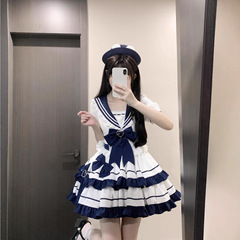 夏季海军风Lolita裙洛丽塔学院风撞色学院风蝴蝶结收腰蓬蓬连衣裙