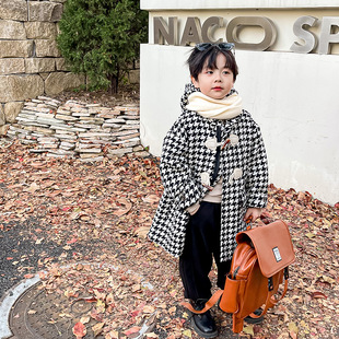 Baoduo Children's Wear Boy's Coat Autumn and Winter 2022 New Children's Winter Wear Baby's Thickened Houndstooth Woolen Coat