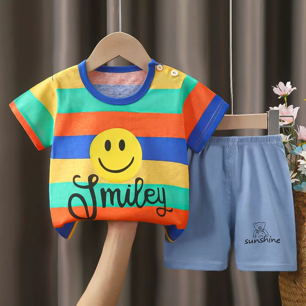 New Pure Cotton 100% Cotton Kidsren's Suit Boys and Girls T-Shirt Shorts Sports Home Clothes Set Dropshipping