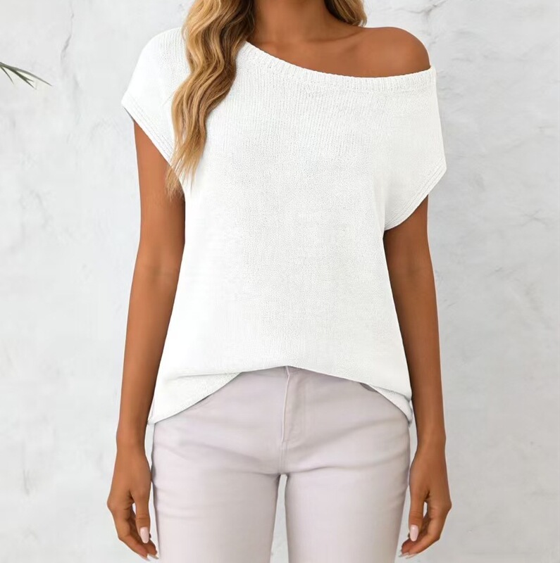 Cross-Border European and American Style Solid Color One-Shoulder Spring/Summer Versatile Sweater, Loose Fit, Slimming Pullover, Suitable for Commuting, Can Be Worn as an Inner or Outer Layer, Women's Top