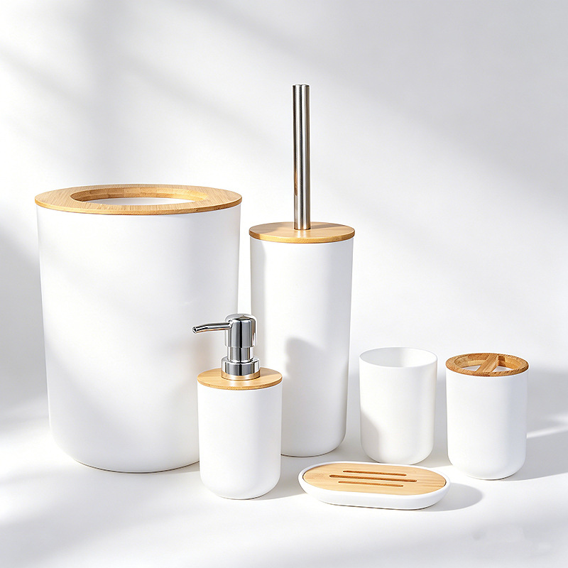 Kit de baño set de artículos de higiene set botella de desinfectante de manos cepillo de dientes taza cepillo de inodoro bote de basura set de 6 piezas image 16