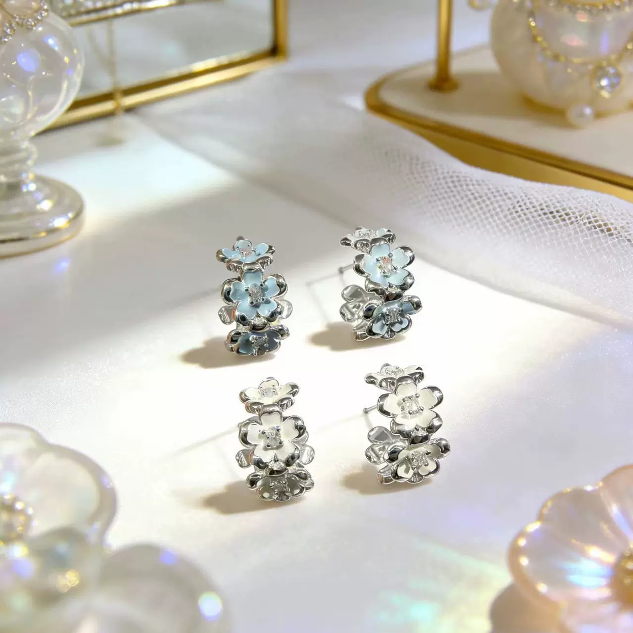 繁花厚银滴油花朵锆石耳钉女百搭轻奢高级感百搭小众冷淡风耳圈