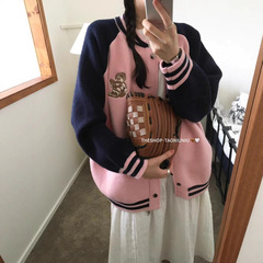 2025秋新款韩系宽松显瘦拼色长袖毛衣外套女百搭高品质棒球服上衣