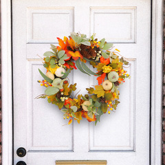 跨境秋季松果枯枝花環感恩節楓葉霜葉南瓜庭院牆飾掛件門飾