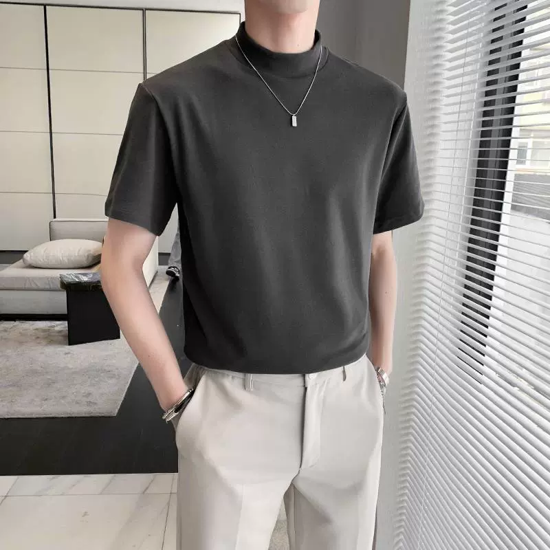 Summer base white body-friendly solid short sleeve T-shirt, high collar