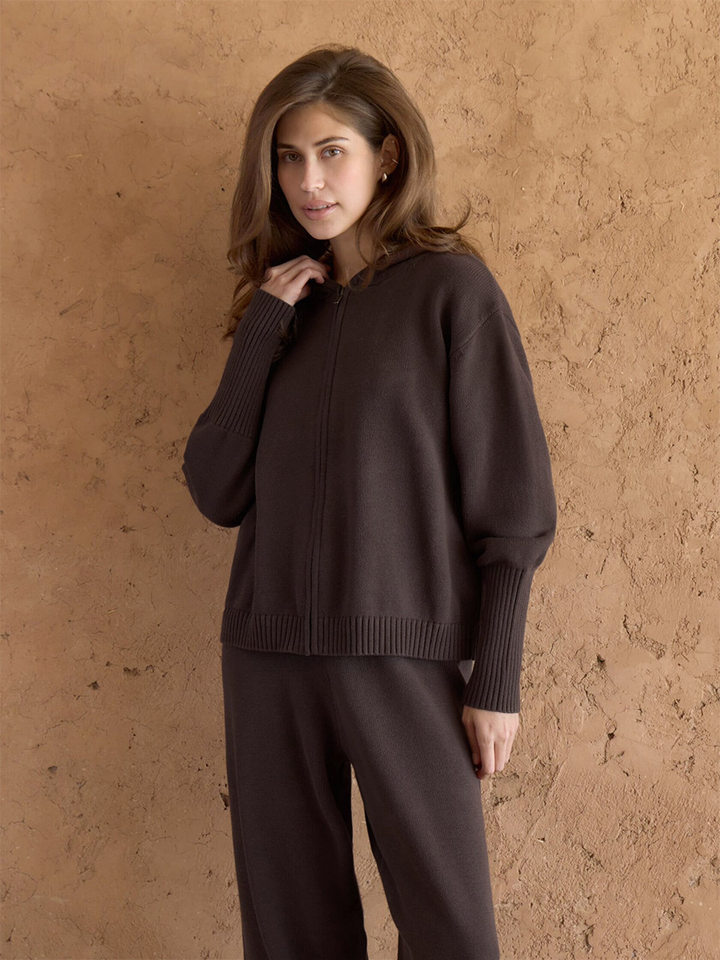 Bộ áo cardigan dệt kim có mũ khóa kéo dáng rộng kèm quần ống ôm cotton — Màu cà phê, Màu trắng, Màu xanh dương, Xanh lá cây chi tiết 4