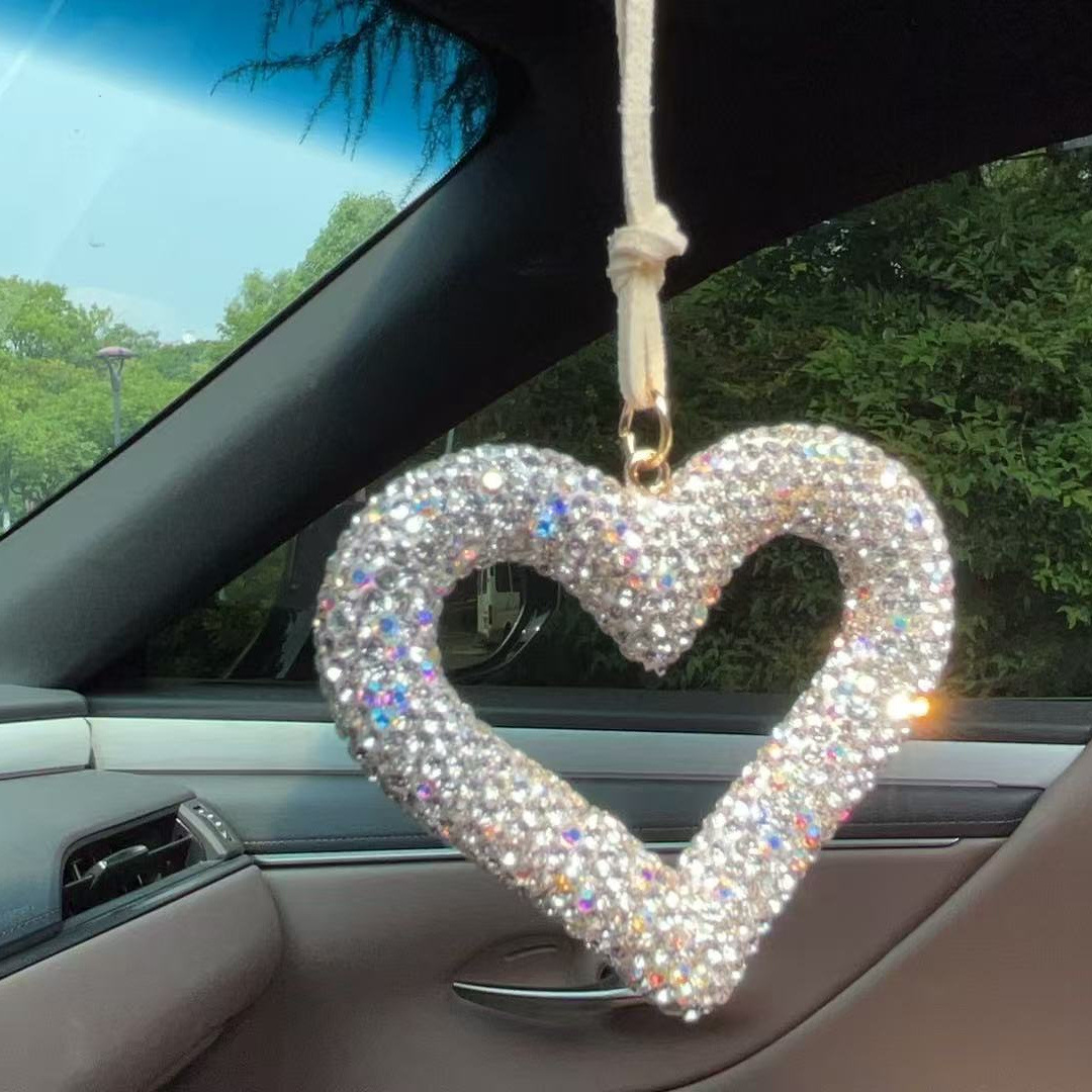 Cross-Border Amazon Clay Diamond Love Car Pendant Rearview Mirror Full Diamond Car Pendant Car Keychain