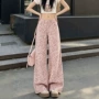 高腰宽松拖地粉色牛仔裤