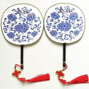 Craft Fan Ancient Style Blue and White Porcelain Round Fan 24cm Dance Round Palace Fan Children's Festival Performance Cheongsam Catwalk