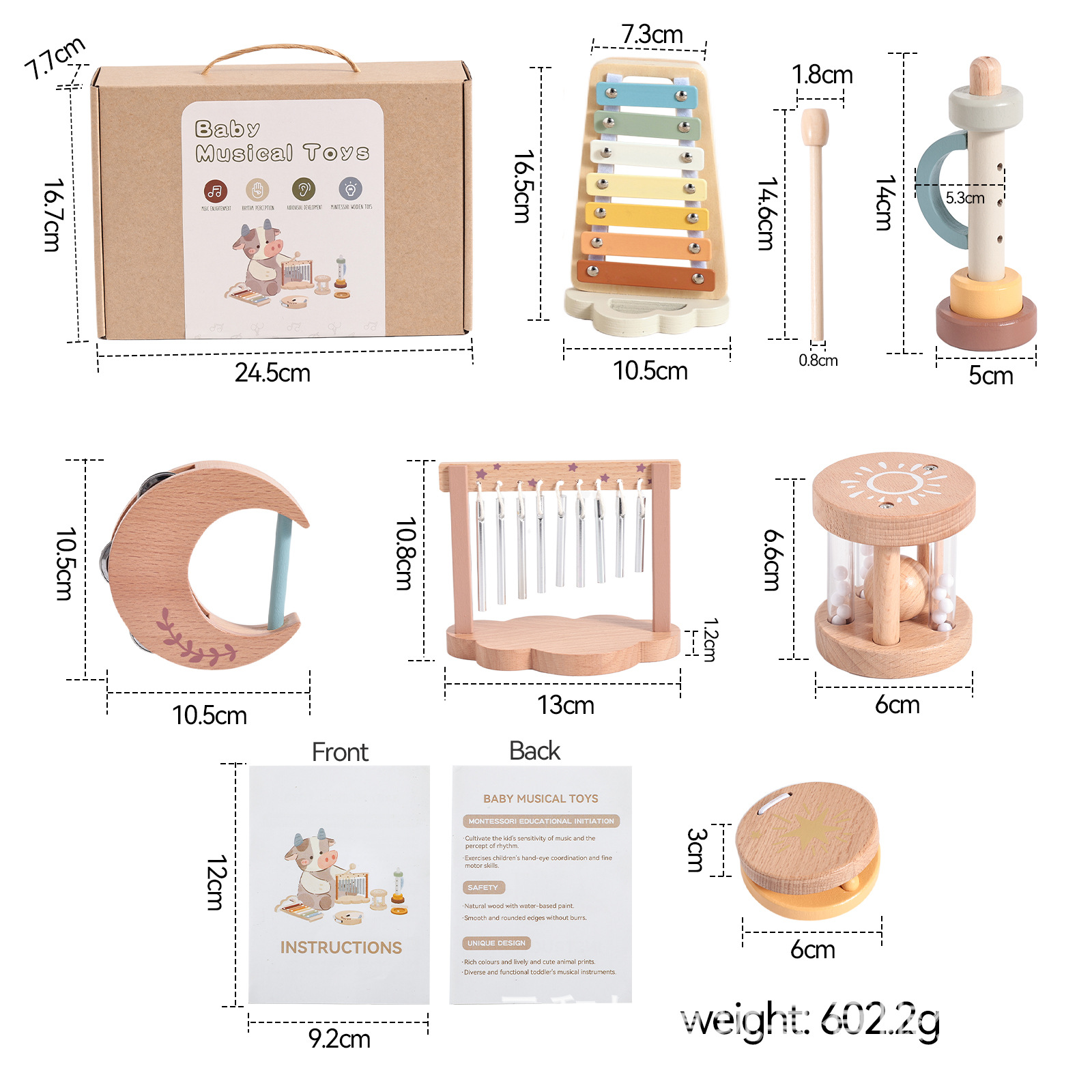 Orff Instrumentos musicales Juego de 6 piezas Educación temprana para bebés Ejercicio de escucha Alaciamiento de madera Tocar campanillas Juguetes musicales para niños