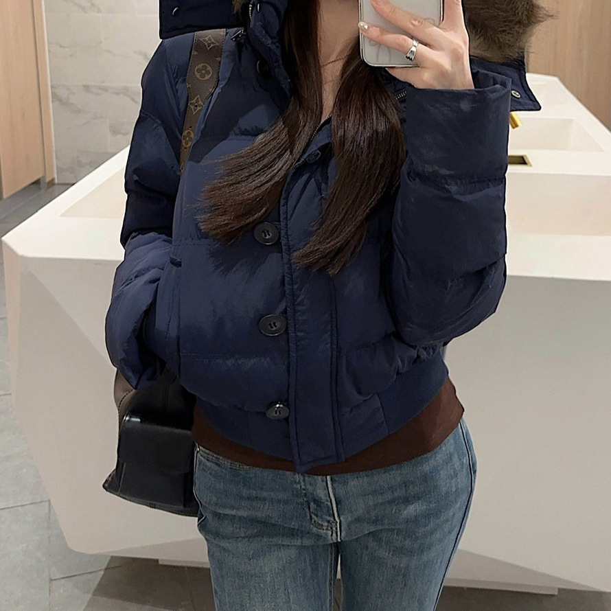 네이비 모피 칼라 후드 코튼 패딩 재킷 여성의 겨울 새로운 짧은 따뜻한 탑