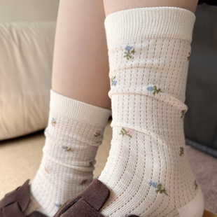 Summer Thin Women's Mid-Calf Floral Seamless Slouch Socks Miu Ballet Style Mesh Breathable Long Socks
