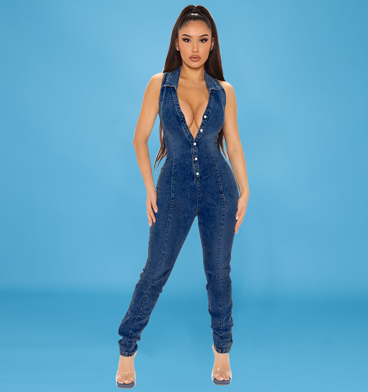 Sleeveless Denim Jumpsuit For Women, Front Button-Down Washed Stretch Romper, Street Style Casual One-Piece Outfit_ecoleips.com