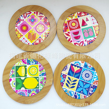 厂家批发跨境陶瓷花砖配竹木托隔热垫陶瓷餐盘桌上装饰垫厨房锅垫